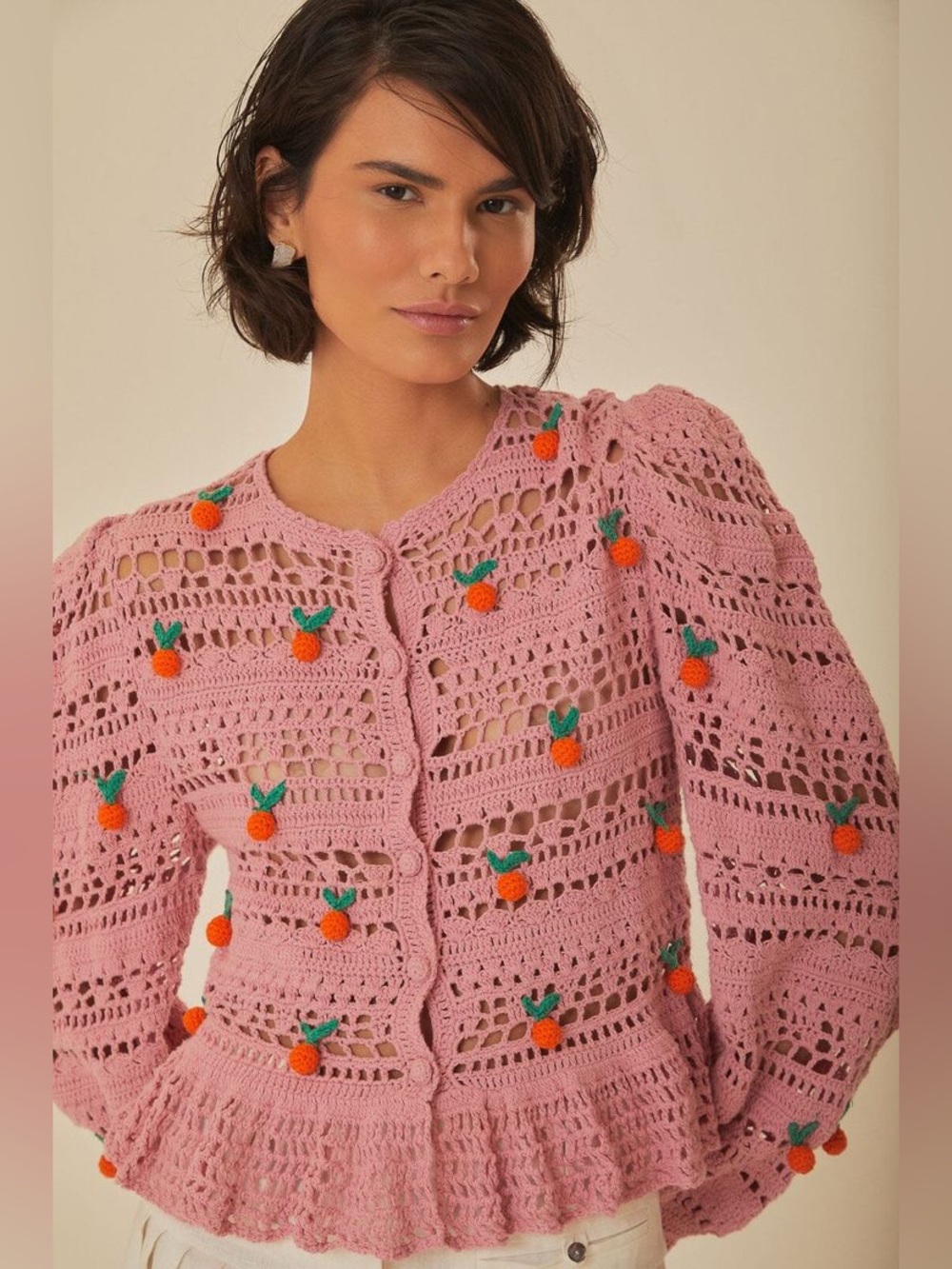 Farm Rio Orange Tassel Crochet Cardigan Sweater Pink Boho Blouse Knit Small S